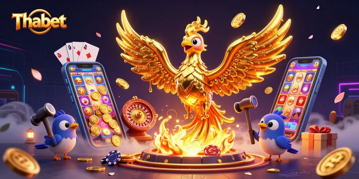 Experience the thrill of Thabet with a dynamic casino-themed 3D illustration showcasing games and excitement.