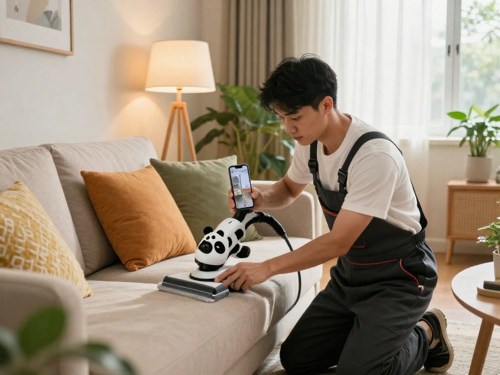 Panda Cleaner - profesjonalne pranie tapicerki w przytulnym salonie, czyszczenie sofy z widocznym efektem przed i po.