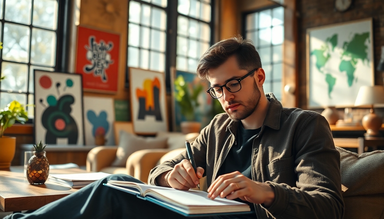 Innerpreneur engaged in creative brainstorming in a vibrant, inspiring workspace.