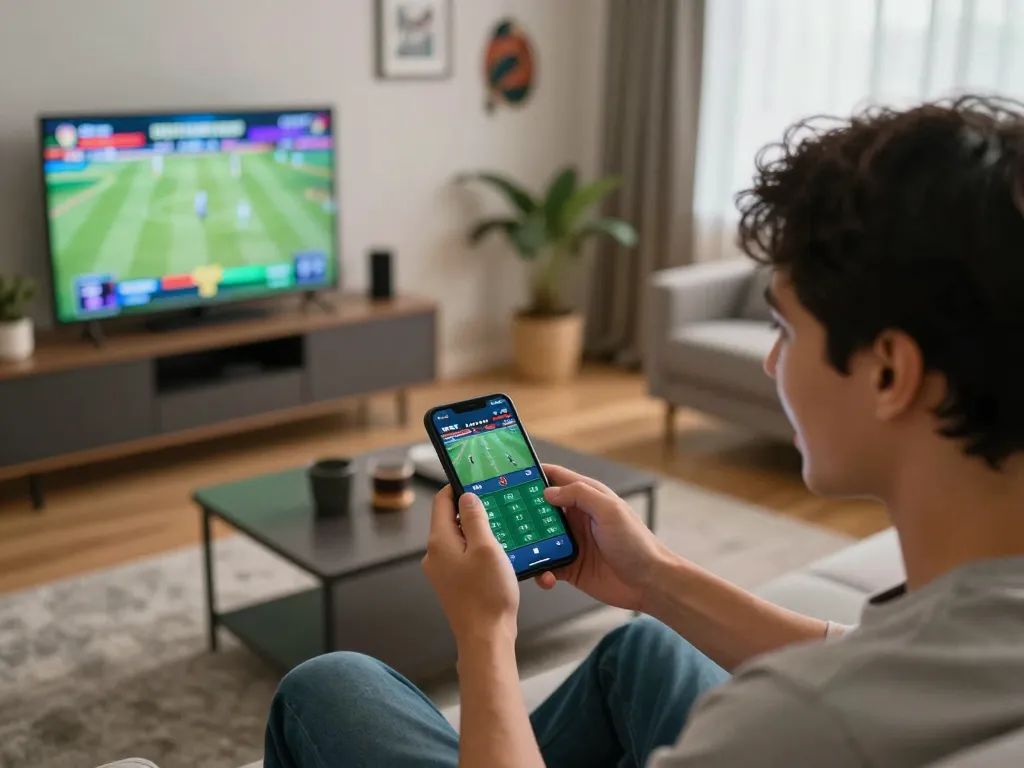 KQBD online sports betting enthusiast placing a bet on their mobile device in a cozy living room.