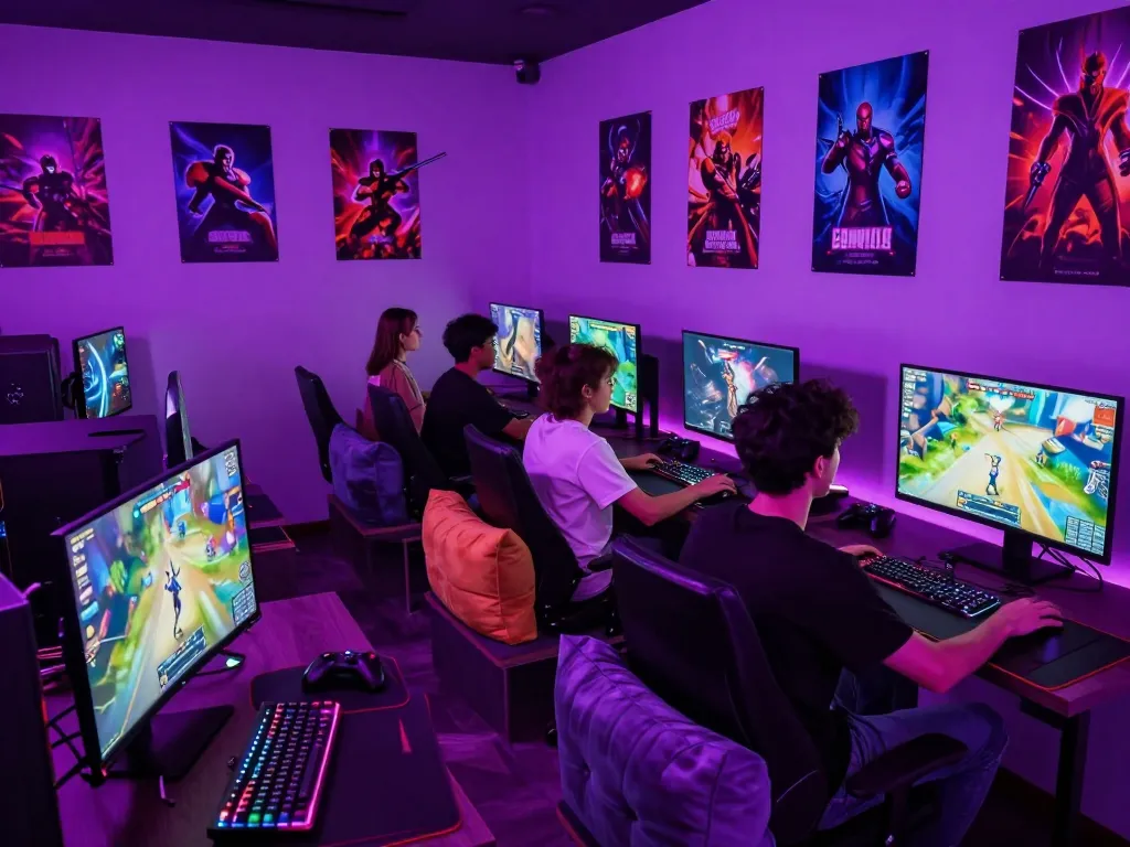 Exciting gaming scene at MANTRA88 with players engaged in neon-themed online games.
