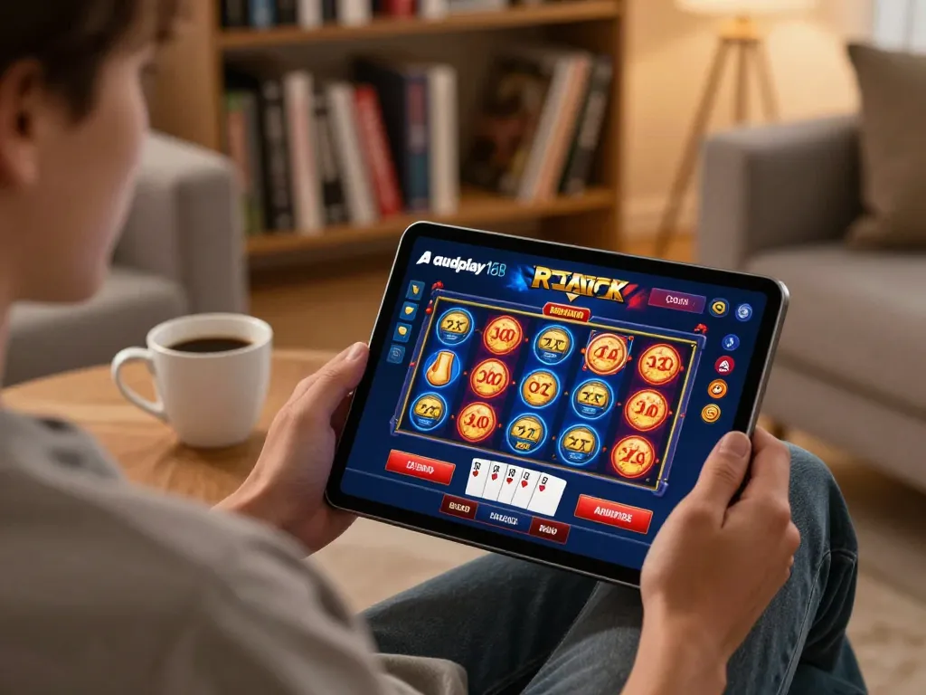 A player engaging in online gaming at audplay168 with a tablet in a cozy living room, showcasing strategic gameplay.