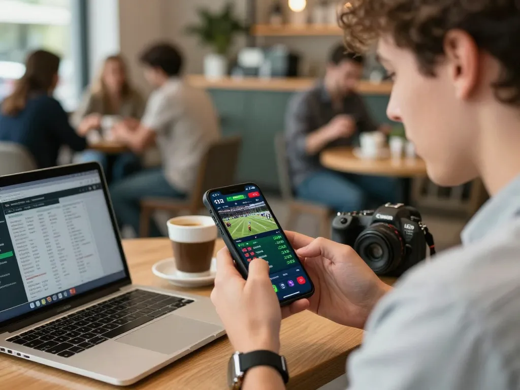 Placing bets on the fabet app while watching live sports in a modern cafe setting.