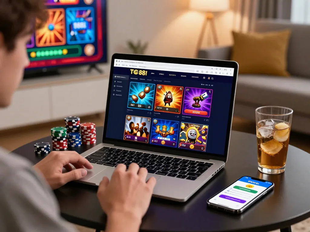 Player enjoying the TG88 online betting platform in a cozy setting with gaming elements.