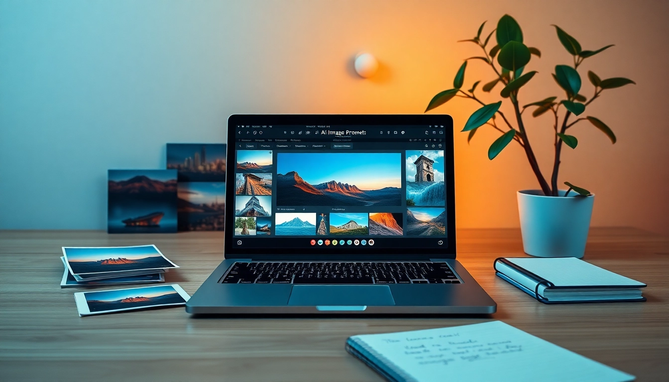 AI image to prompt generator displayed on a laptop in a creative workspace.