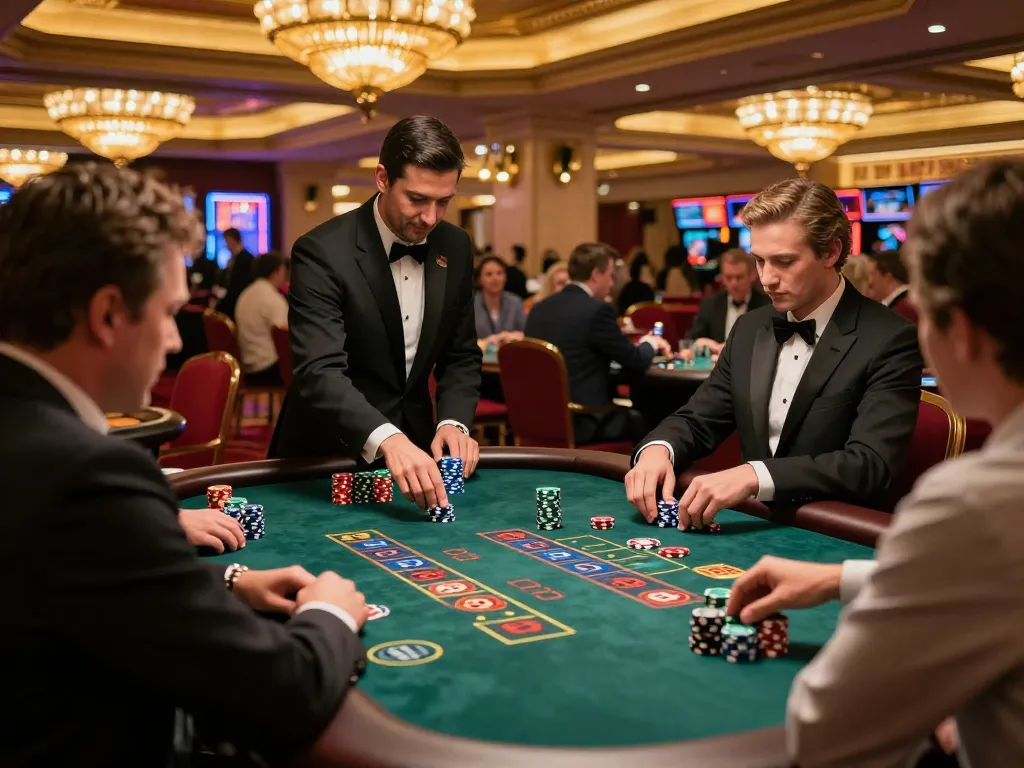 Players concentrating at a blackjack table while enjoying thrilling gameplay at a casino featuring 5679 chip stacks.