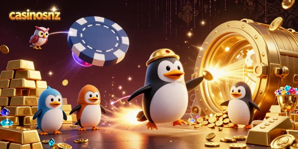Engage with casinosnz as a golden penguin zips towards a vibrant casino space station, glittering with rewards.
