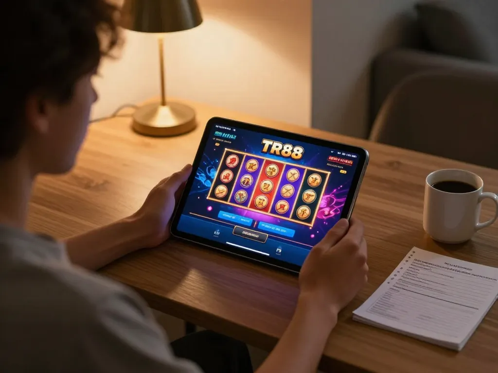 Engaging user strategizing on TR88 mobile casino app with vibrant gaming graphics