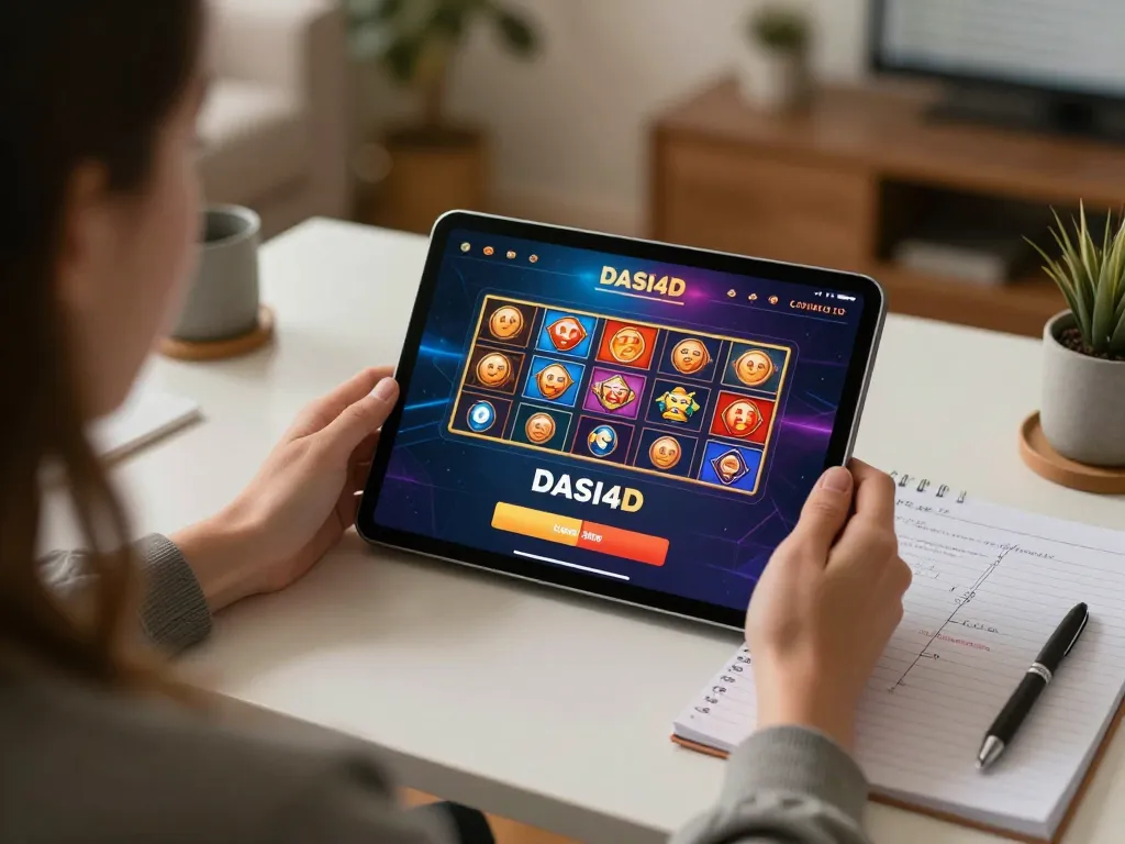 Antarmuka login DASI4D yang ditampilkan di tablet menunjukkan permainan kasino online yang menarik di pengaturan rumah yang nyaman