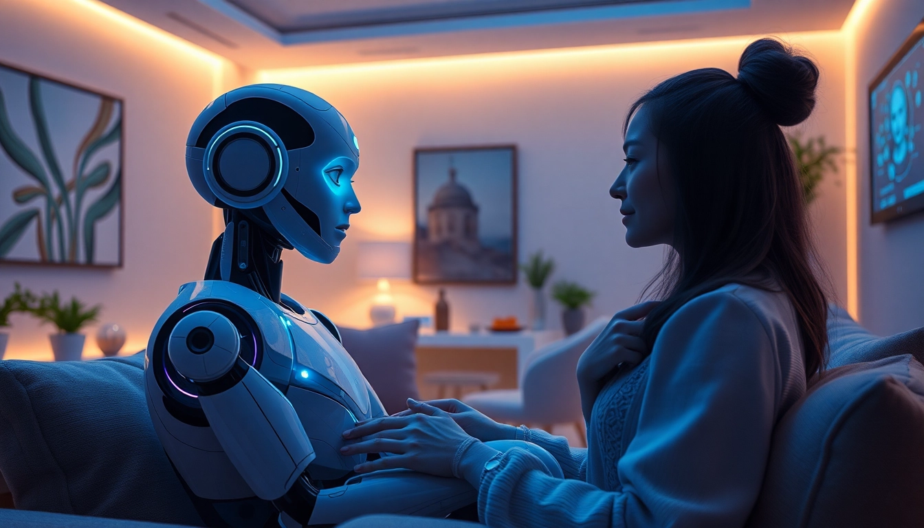 Engaging AI sex interaction in a cozy, futuristic setting with a humanoid robot.