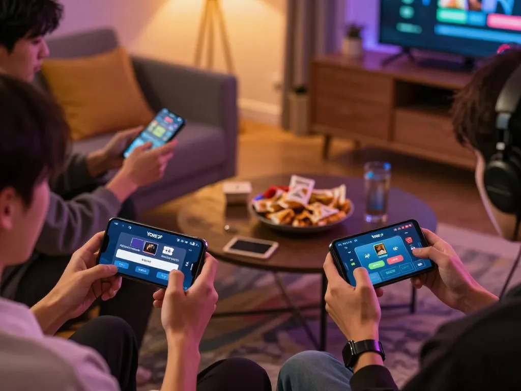 Engaging in online gambling with Yowes JP on mobile devices among friends in a cozy setting.