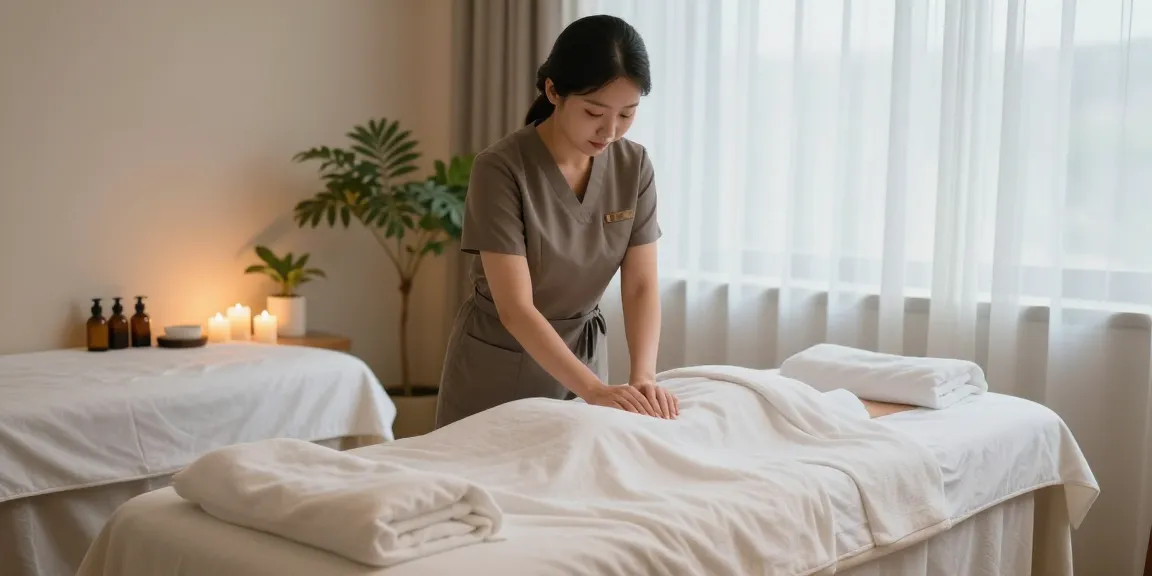 둔산동 마사지 전문 스파에서 아로마 오일과 정갈한 마사지 테이블을 준비하는 모습