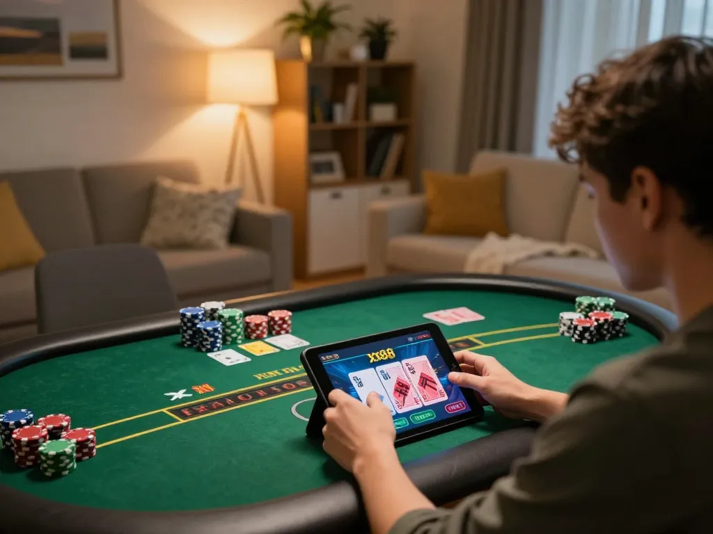 A person plays poker on the xx88 online casino app, showcasing exciting gameplay and strategic moves.