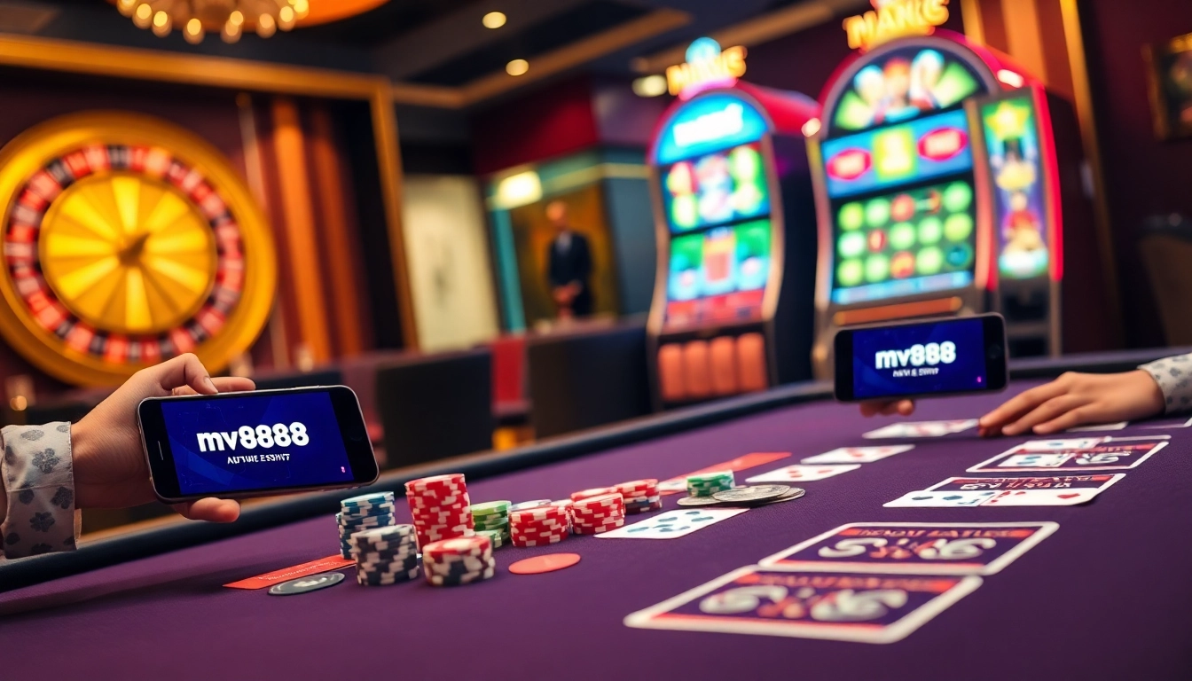 Engaging gamblers strategizing at mv88 poker table with vibrant chips and cards.