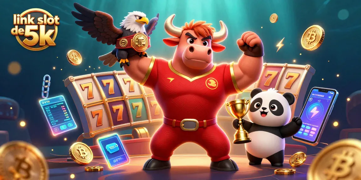 Experience winning thrills at link slot depo 5k with vibrant characters, slot game elements, and exciting crypto references.