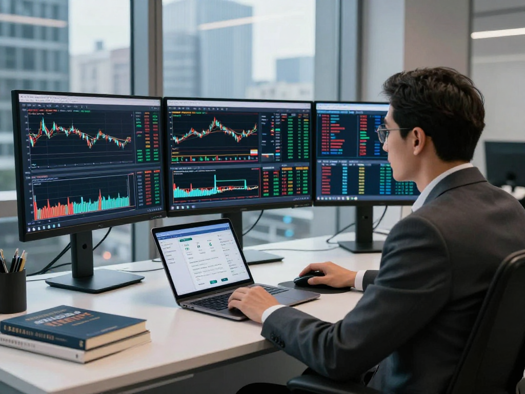 TradingView analysis in professional trading workspace with multiple screens and alert apps.