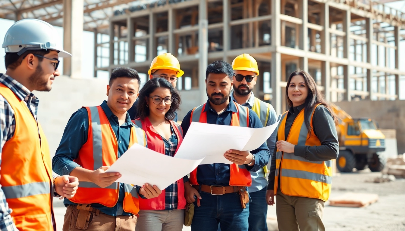 Construction career teamwork in action with workers and blueprints on-site.