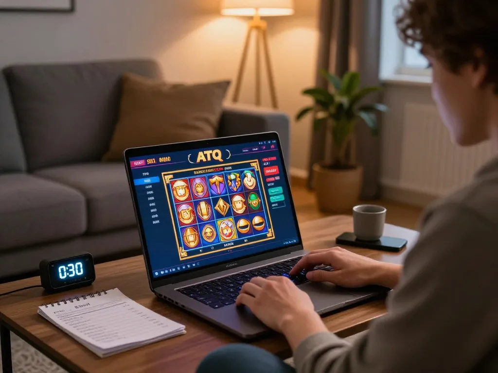 Player enjoying ATQ online casino games on a laptop at home, promoting responsible gaming.