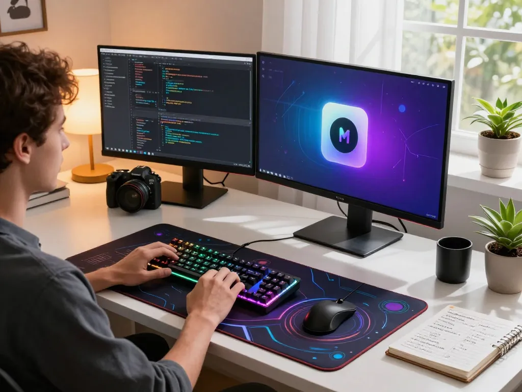 Engaged user configuring Molt bot AI on modern desktop with dual monitors and vibrant workspace.