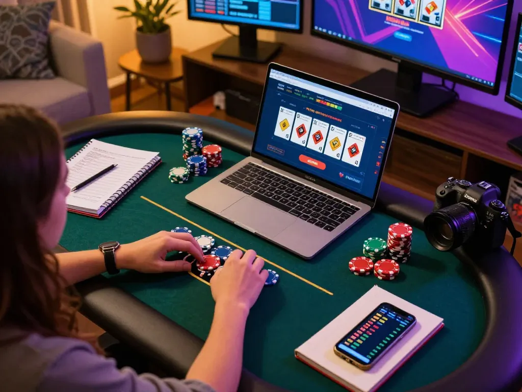 Player engaging in high-stakes poker on Nhà cái DABET online gaming platform with strategic notes.