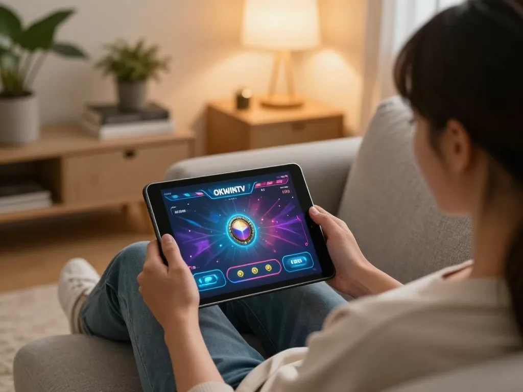 Engaging with OKWINTV interface for online gambling in a cozy home setting