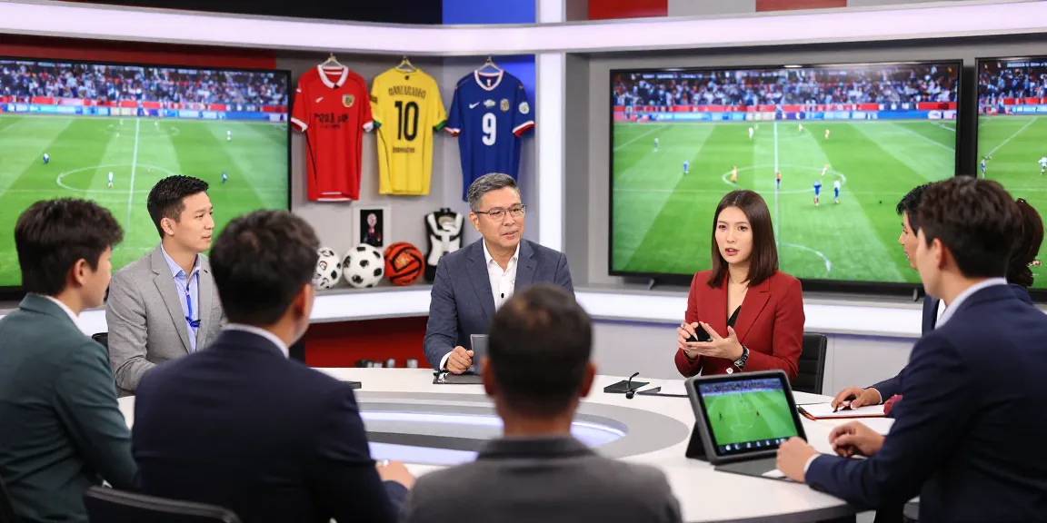 Sports analysts discussing koora live highlights in a vibrant studio setting with exciting match footage.