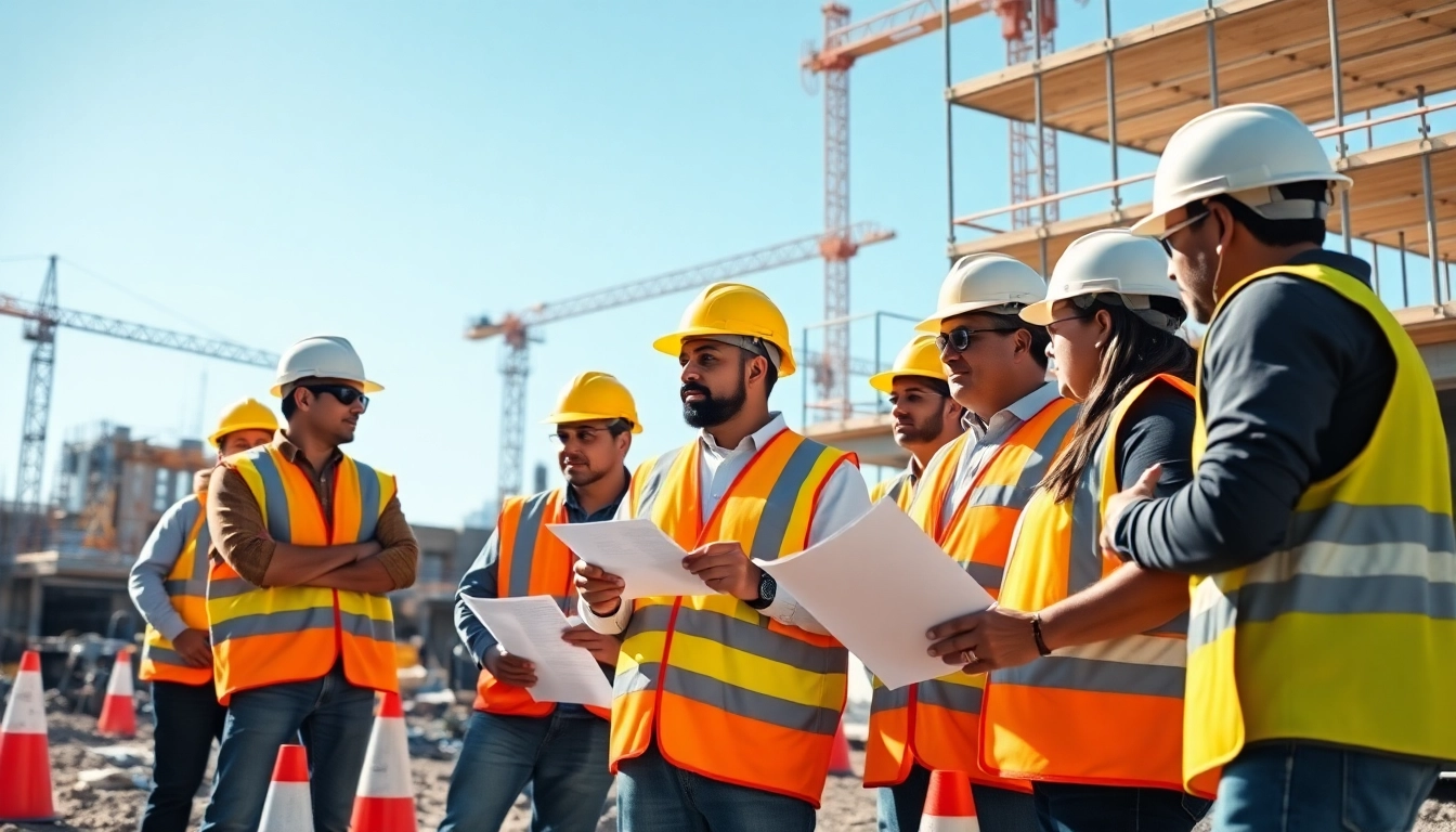 Workers engaging in construction safety training at a busy site, emphasizing practical safety measures.