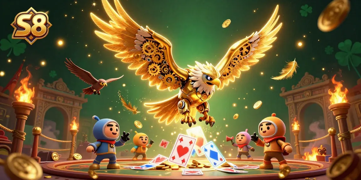 S8 players engage with a lively scene of holographic cards and gold coins enhancing their gaming experience.