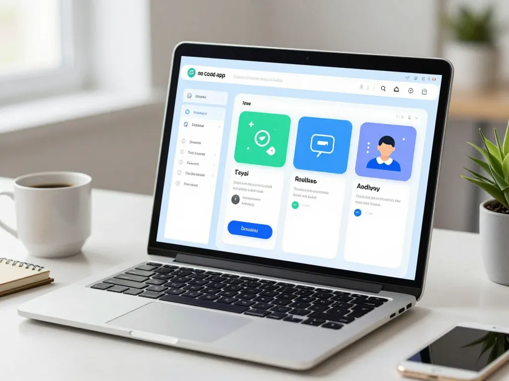 No code app builder interface on a laptop in a modern workspace with a calm atmosphere.