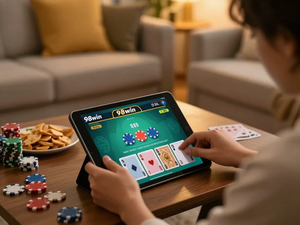 Player placing bets on blackjack at 98win in a cozy living room, focused on the game interface