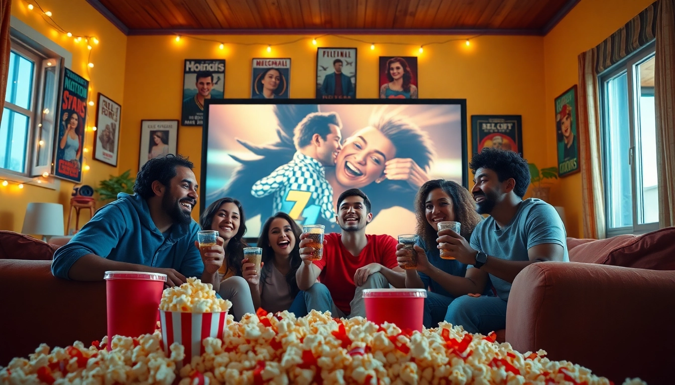 Enjoying a movie night with friends while ดูหนัง in a cozy and lively setting.