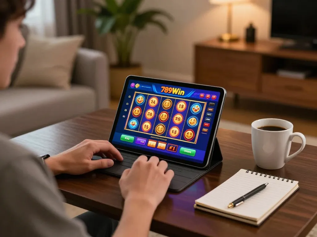 Engaged player enjoying slot games on 789Win app during cozy home gaming session