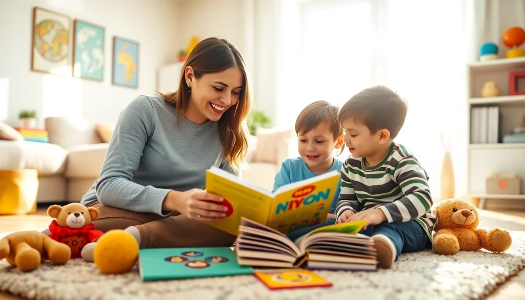 Engaging live-out nanny reading to children in a cozy living room in Dubai.