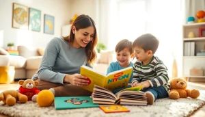 Engaging live-out nanny reading to children in a cozy living room in Dubai.
