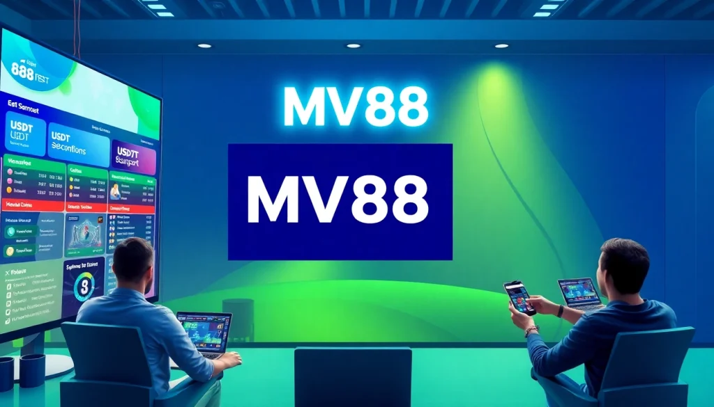 Image showcasing MV88 online gambling platform interface with USDT transactions and customer support.