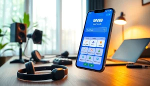 MV88 app interface shown on a smartphone in a modern home office setup.
