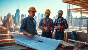 Manhattan General Contractor managing a busy construction site with plans and tools visible.