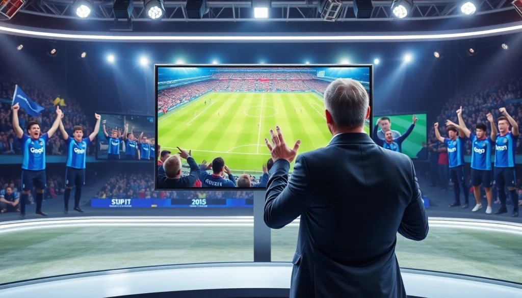 해외축구중계를 생중계하는 현대적인 방송 스튜디오 장면