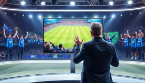 해외축구중계를 생중계하는 현대적인 방송 스튜디오 장면