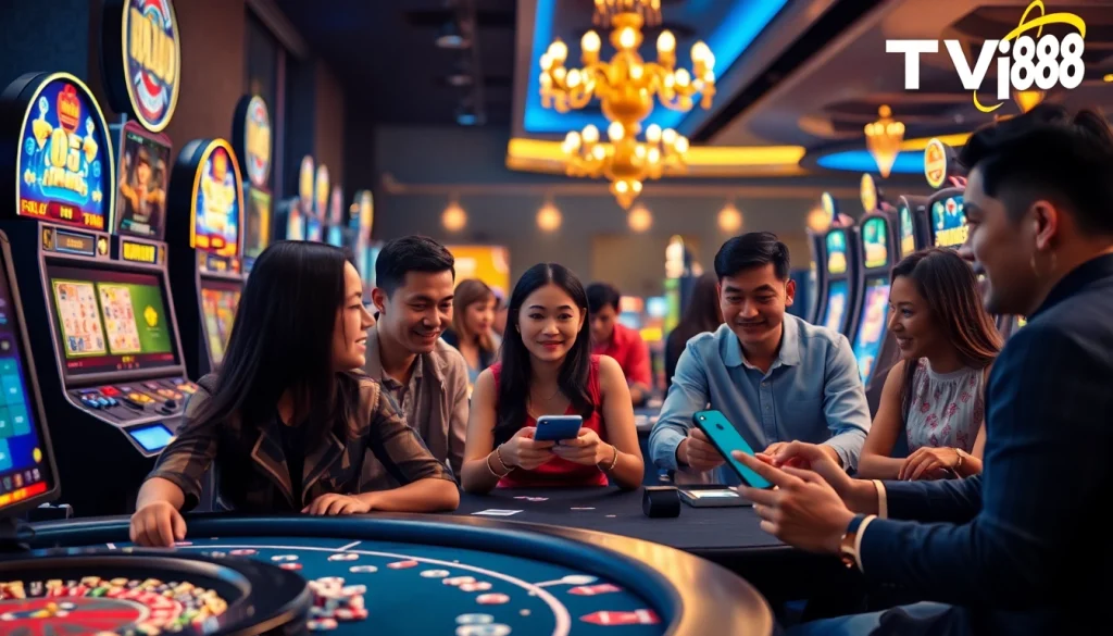 TV88 gaming experience with diverse players enjoying poker, slot games, and live casino.