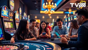 TV88 gaming experience with diverse players enjoying poker, slot games, and live casino.