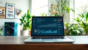 YouTube SMM panel interface highlights social media strategies in a vibrant home office setting.