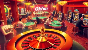 Okfun captures the thrill of winning at roulette in a vibrant casino setting filled with players.