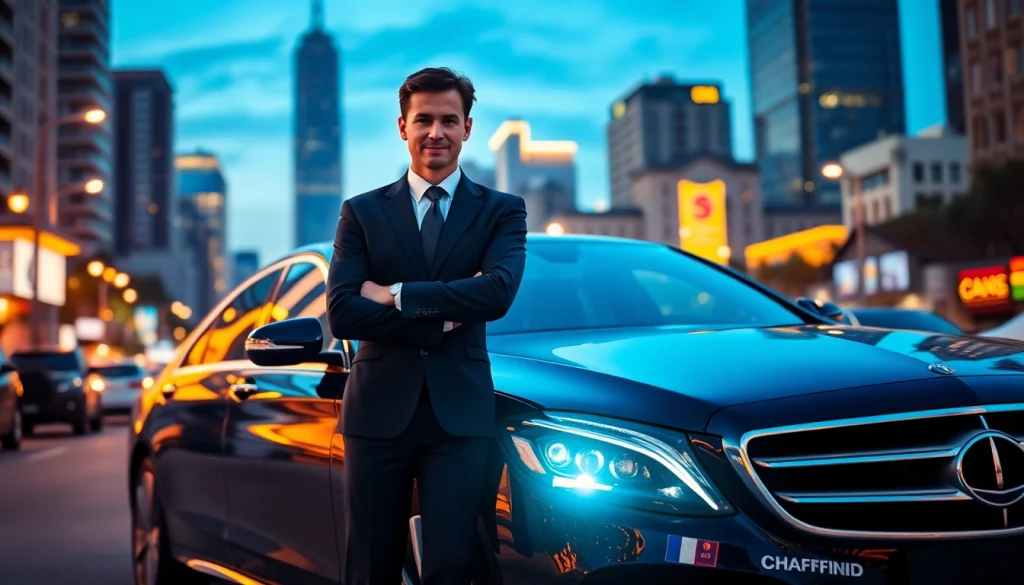 Book Chauffeur Hire with a professional chauffeur beside a luxury car in bustling city.