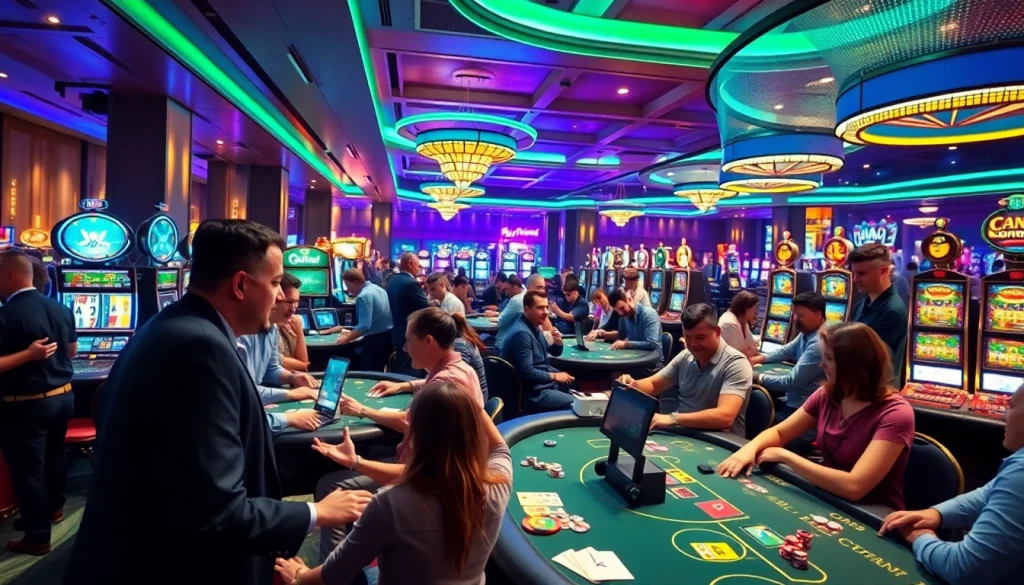 Casino online terbesar dengan suasana meriah, pemain terlibat dalam berbagai permainan menarik.