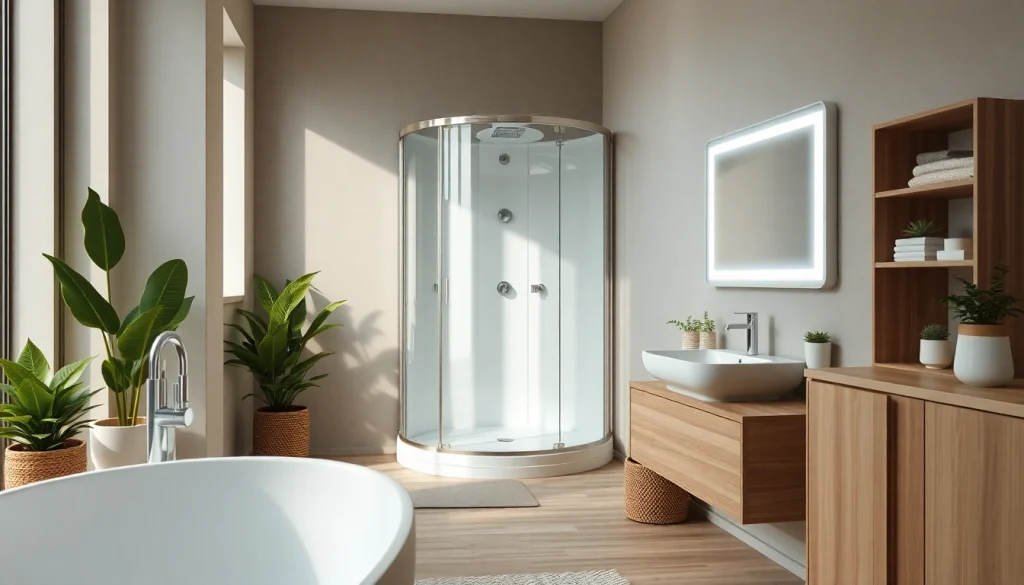 Visualisez un espace de salle de bain moderne avec sirhona France, mettant en valeur une cabine de douche élégante.
