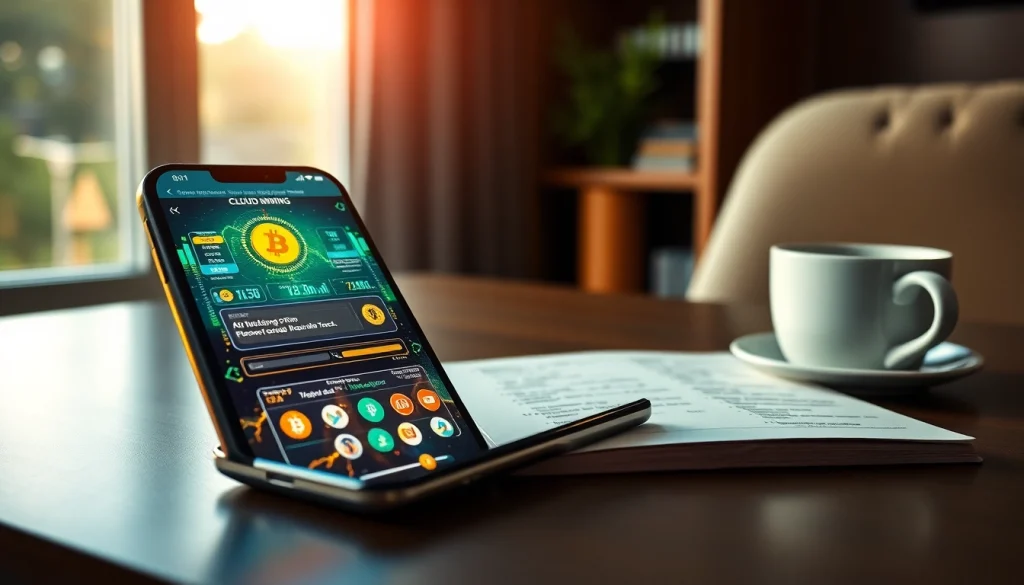 Cloud mining app interface on a smartphone in a modern workspace.