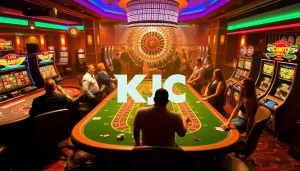 KJC AC 1 casino scene with players enjoying poker, roulette, and slots.