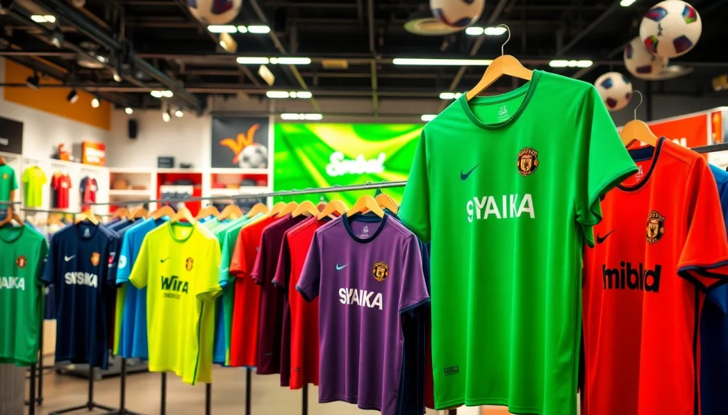 Shop for discount football shirts featuring vibrant designs and colors in a lively store.