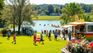 Highlighting activities & attractions in a lively family-friendly park scene with food trucks, kids playing, and serene views.